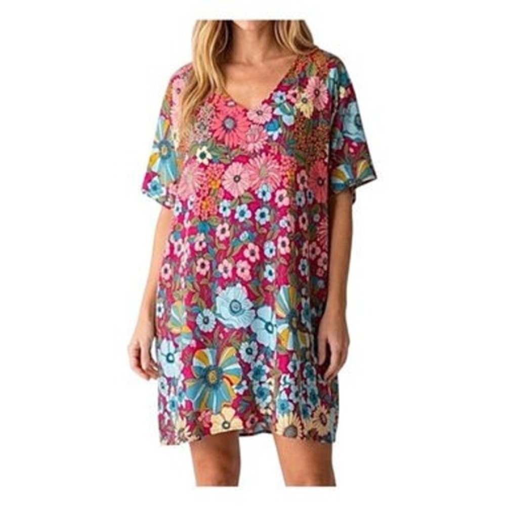 Natural Life Dress Size Large Floral Boho Rayon Colorful Garden Party Relaxed